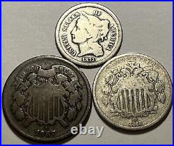 1867 2 Cent Piece 1873 3 Cent Nickel 1868 Shield Nickel US Type Coins VG Range