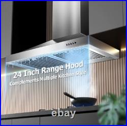 24 in Range Hood Stainless Steel Wall Mount Vent Hood 3-Speed Fan, LED Light