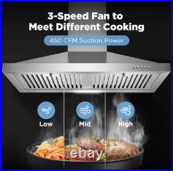 24 in Range Hood Stainless Steel Wall Mount Vent Hood 3-Speed Fan, LED Light