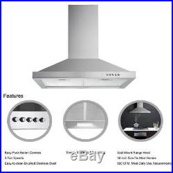 30 Stainless Steel Wall Mount Kitchen Range Hood 500 CFM 3 Speed Control with LED
