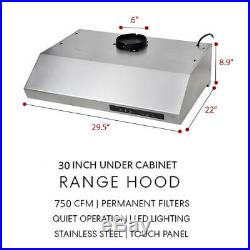 30 Under Cabinet Kitchen Exhaust Range Hood 750CFM Stove Vent Fan Touch Control