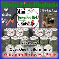 96- Mini Green FireStarter Fuel Disk 60 Min. Burn + SS Folding Stove/Ferro Rod