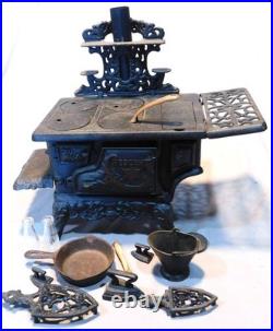 Antique Crescent Cast Iron Miniature Salesman Sample Cook Stove w Accessories