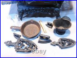 Antique Crescent Cast Iron Miniature Salesman Sample Cook Stove w Accessories