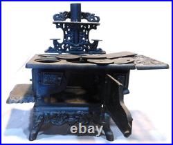Antique Crescent Cast Iron Miniature Salesman Sample Cook Stove w Accessories