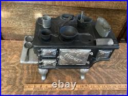 Antique Midget Cast Iron Toy Stove Salesman Sample Range Cooks Accessories Lot