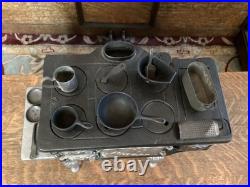 Antique Midget Cast Iron Toy Stove Salesman Sample Range Cooks Accessories Lot