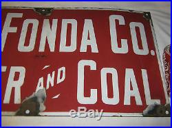 Antique W. B. Fonda Co. Lumber & Coal Porcelain Steel Stove Hearth Art Sign USA