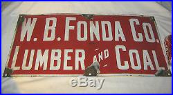 Antique W. B. Fonda Co. Lumber & Coal Porcelain Steel Stove Hearth Art Sign USA