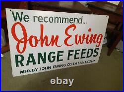 C. 1960s Original Vintage John Ewing Range Feeds Sign Metal Farm Dairy Cow Hog