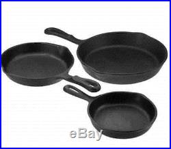 Cast Iron 3 Piece Pre-seasoned Skillet Fry Pan Set Black Cook Stove Top Oven NEW