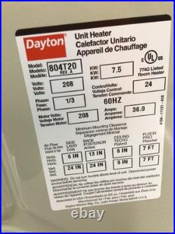 Dayton 804T20 Fan Forced Electric Unit Heater, Wall & Ceiling, 1 Or 3 Phase, 208V