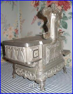FANCY c. 1900 PRIZE Cast Iron Toy Stove, J & E Stevens, Nickel-Plated Antique