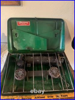 Preway Model P4821 green camp stove Vintage 2 Burner Camp Stove Suitcase Tested