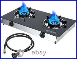 Propane Stove 2 Burner Gas Cooktop, Portable Tempered Glass Double Burner Stove