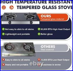 Propane Stove 2 Burner Gas Cooktop, Portable Tempered Glass Double Burner Stove