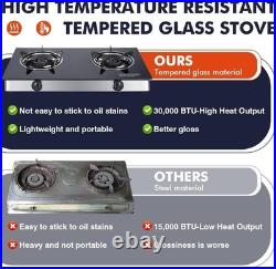 Propane Stove 2 Burner Gas Cooktop, Portable Tempered Glass Double Burner Stove