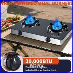 Propane Stove 2 Burner Gas Cooktop, Portable Tempered Glass Double Burner Stove