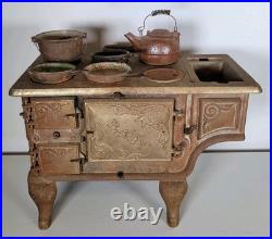 Rare Antique BABY Cast Iron Cook Stove Range Salesman Sample Toy + Extras Pot