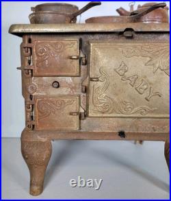 Rare Antique BABY Cast Iron Cook Stove Range Salesman Sample Toy + Extras Pot
