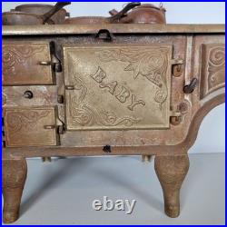 Rare Antique BABY Cast Iron Cook Stove Range Salesman Sample Toy + Extras Pot