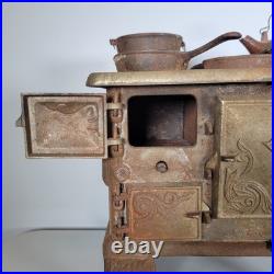Rare Antique BABY Cast Iron Cook Stove Range Salesman Sample Toy + Extras Pot