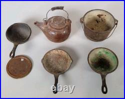 Rare Antique BABY Cast Iron Cook Stove Range Salesman Sample Toy + Extras Pot