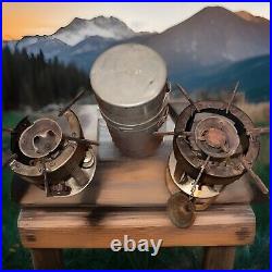 TWO COLEMAN MILITARY POCKET CAMPING STOVES #530 A47's ONE CASE ONE FUNNEL