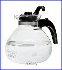 Tea Kettle Pot 12-Cup Glass Electric Gas Stovetop Whistle Lid Stove Boil Water