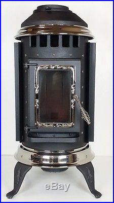Thelin Parlour Pellet Stove with 12v Battery Back Up- Painted Black with Nickel Trim