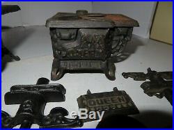 Two Queen Cast Iron Toy Stove Salesmen Sample Miniatures Set Large LOT Pots Pans