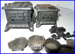 Two Queen Cast Iron Toy Stove Salesmen Sample Miniatures Set Large LOT Pots Pans