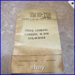 US Army M-1950 Gasoline Stove TM 10-708 Manuals + original box backpacking stove