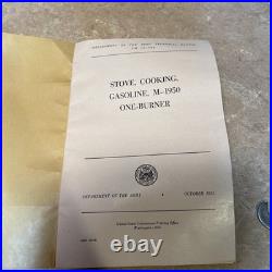 US Army M-1950 Gasoline Stove TM 10-708 Manuals + original box backpacking stove