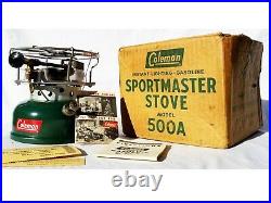 Vintage 1957 COLEMAN 500A SPORTMASTER Gas Sunshine Night Camp Stove withBOX & Tags