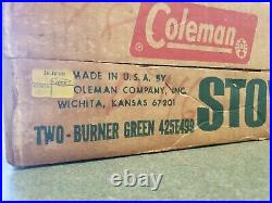 Vintage 1970s Coleman 425E499 2 Burner Stove Never Fired New Old Stock with Funnel