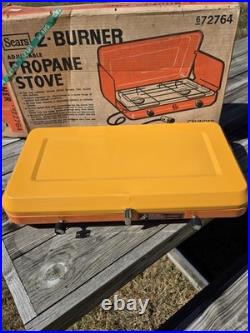 Vintage 1970s Sears 2 Burner Propane Orange Camp Stove 72764 Rare EUC With Box
