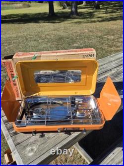 Vintage 1970s Sears 2 Burner Propane Orange Camp Stove 72764 Rare EUC With Box