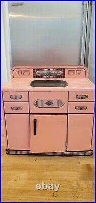 Vintage 50s Pink Wolverine Metal Toy Kitchen Set Sink Stove Refrigerator tin