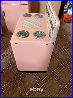 Vintage 50s Wolverine Tin Pink Toy Kitchen Set Fridge Stove Sink Washing Machine