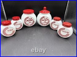 Vintage Anchor Hocking 6pc Vitrock Red Flowers Range Set 4 Shakers + (2) Jars