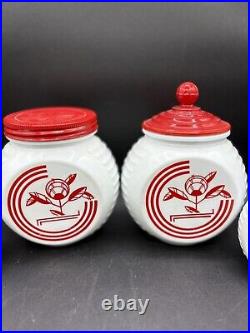 Vintage Anchor Hocking 6pc Vitrock Red Flowers Range Set 4 Shakers + (2) Jars