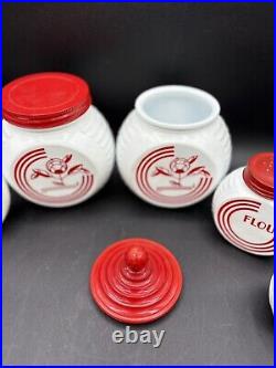 Vintage Anchor Hocking 6pc Vitrock Red Flowers Range Set 4 Shakers + (2) Jars