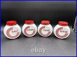 Vintage Anchor Hocking 6pc Vitrock Red Flowers Range Set 4 Shakers + (2) Jars