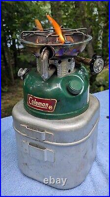 Vintage COLEMAN 502 single burner camp stove aluminum case 5/83 TESTED WORKS