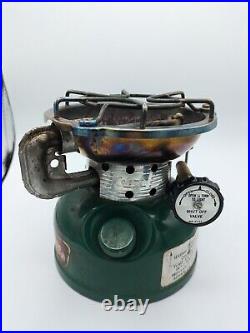 Vintage COLEMAN 502 single burner camp stove aluminum case 5/83 TESTED WORKS
