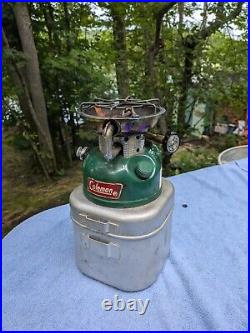 Vintage COLEMAN 502 single burner camp stove aluminum case 5/83 TESTED WORKS