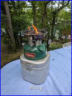 Vintage COLEMAN 502 single burner camp stove aluminum case 5/83 TESTED WORKS