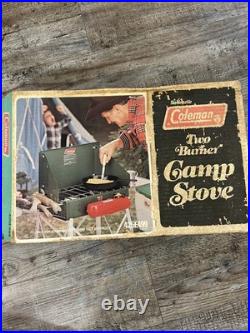 Vintage Coleman 425E499 Two Burner Camp Stove Fuel Gas Red Tank New in Box