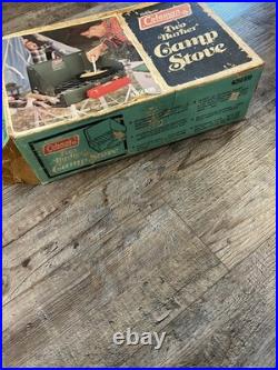 Vintage Coleman 425E499 Two Burner Camp Stove Fuel Gas Red Tank New in Box